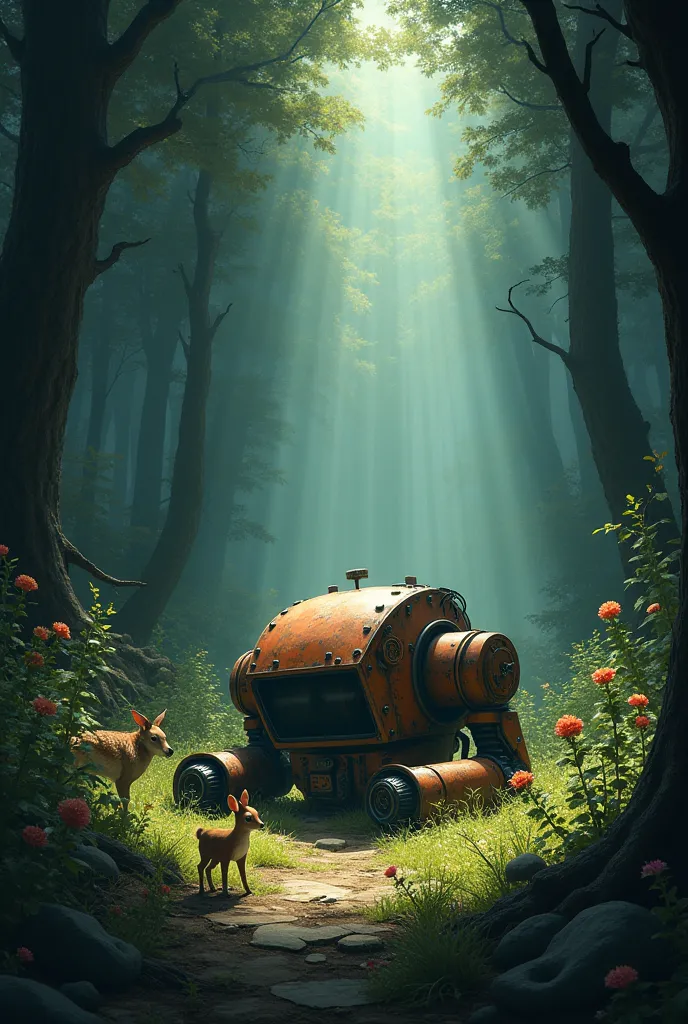 とてもdark森, dark, dark, In the dense forest, A ray of light, Broken Robot,  lies down:1.3,  only light shines on robots, A ray of light, Rusty robot, Flowers blooming all around :1.3, flowers surrounding, Fawn, squirrel, Watching,  fantasy atmosphere , (((UHD, masterpiece, high details, best quality,  highres icon, high quality, high details, super detail)))