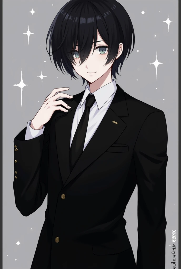 anime ,Masterpiece、Black  hair, cold eyes、Short Hair、grey Eyes、tall、cold face、black suit、adult boy, stars, Monarch