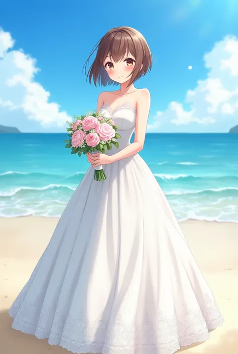 chisakotegawa, chisa kotegawa, short hair, bangs, brown hair, (brown eyes:1.5),
Wedding dress, holding flowers, shy
BREAK outdoors, beach,
BREAK looking at viewer, (cowboy shot:1.5),
BREAK (masterpiece:1.2), best quality, high resolution, unity 8k wallpape...