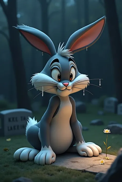 Create me an image of very sad Bugs Bunny crying in front of a grave with a flower with a lot of tears falling from his eyes and down his cheeks