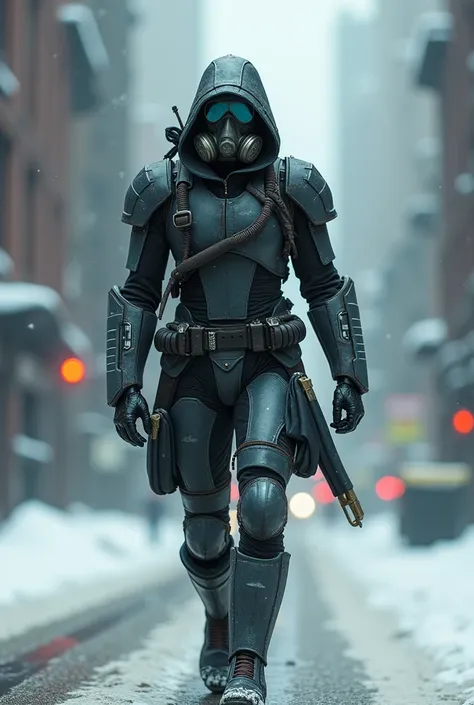 Dieselpunk assassin walking through the city in winter