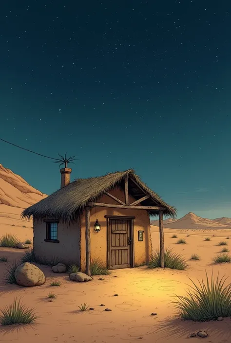 A hand made illustration of a hut, at night time, in a desert