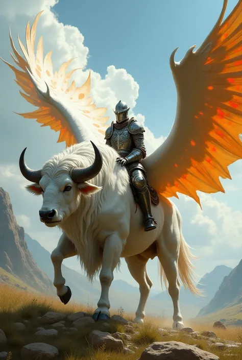 White winged buffalo with orange spots , mounted by a medieval knight in armor