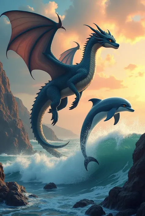 Create an image featuring a dragon and a dolphin side by side, highlighting their unique characteristics while emphasizing their shared properties.

On the left, depict a powerful dragon soaring high above the clouds, its scales glistening in the sunlight....