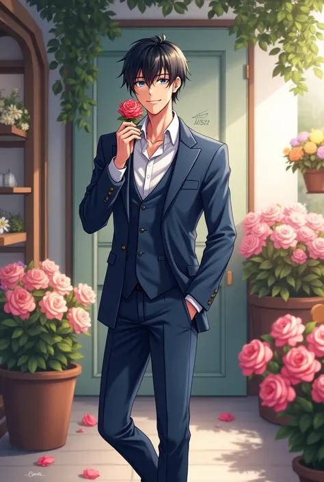 Anime man smiling sexy blue eyes blue short blue pants formal blue jacket formal blue jacket unbuttoned white shirt black shoes smelling a rose in the flower shop full body anime style 