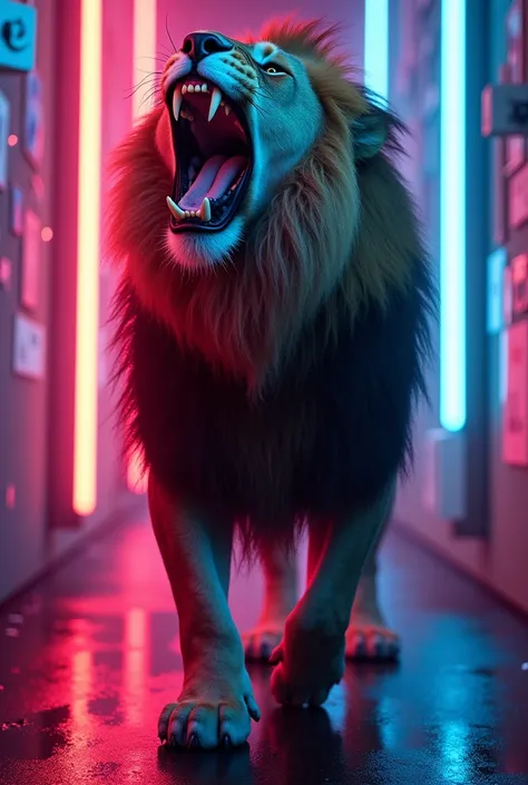 A lion in neon light roaring image horizotal HD