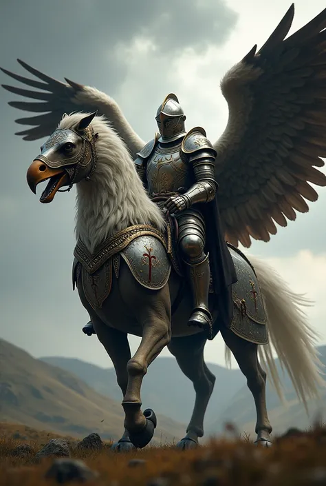 Armored hippogriff , mounted by a medieval knight in armor