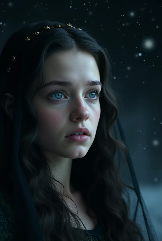 Photorealism、(black nightsky!!!!!! with visible stars background!!!!!), (dark lighting!!!!!!), Highest quality、Ultra-high resolution、The most beautiful lord of the rings young!!!!!  arwen、very beautiful!!!!!!! face details、small Breasts、thin、、Translucent w...