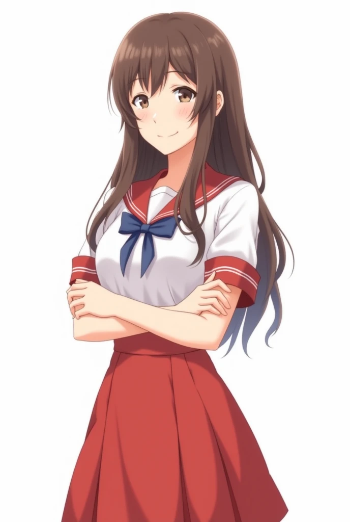 a ,  cut , light skin,  Brown hair, School uniform, white blouse , red skirt,  White background, no pissing style