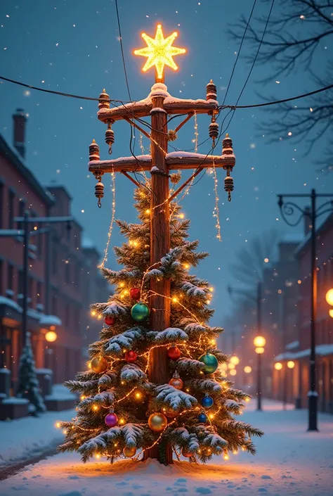  An electrical power distribution pole that is decorated in the shape of a Christmas tree with lamps, Transformers, electricity cables and meters  