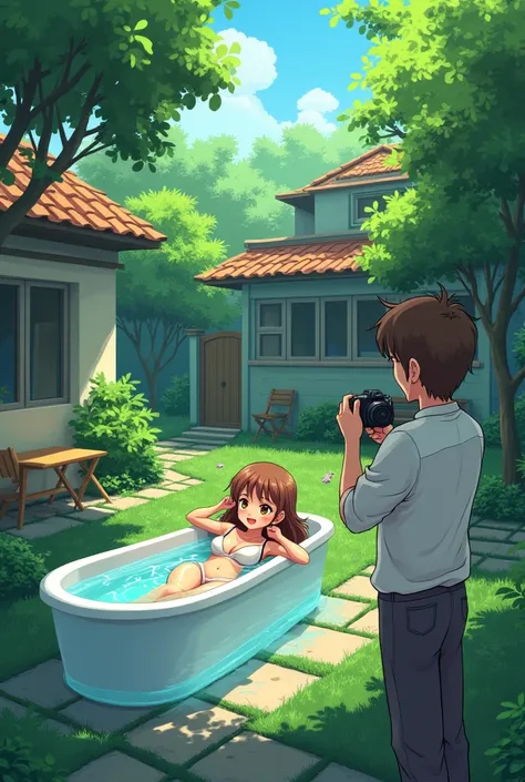 masterpiece, wide angle scene, 2d anime style, Image of a girl like Pizarro or Disney, long brown hair, a girl laying on a small water tub, swimwear, a man standing and taking photos of woman with a camera, background is a backyard