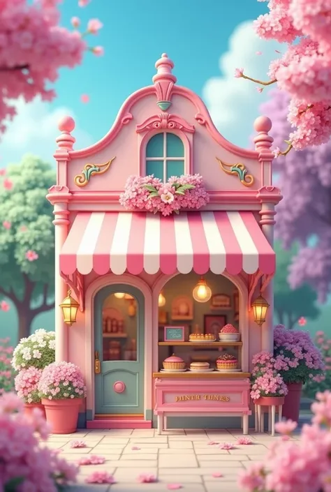 Background of a cute pastry shop in shades of pink ,  blue yellow and lilacs in front of the confectionery having an awning with colorful stripes 