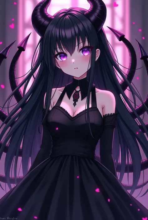 anime girl with purple eyes and black hair in a black dress, an anime drawing by Jin Homura, pixiv, gothic art, albedo from the anime overlord, albedo from overlord, shalltear from overlord, gothic maiden anime girl, demon anime girl, dark goddess with six...