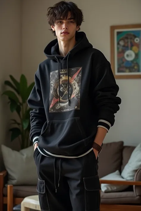 "  A young man wearing comfortable winter clothes to stay at home   ,    inspired by the alternative style of the 2000s   .   Wear a large black sweatshirt   ,    with a hood and a graphic design on the front   ,    that could be a rock band or an image ab...