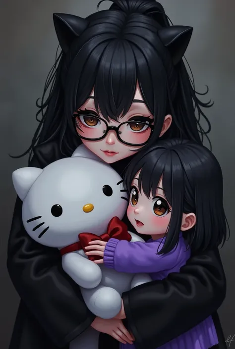 Girl with black hair covering her brown eye with somewhat goth glasses embracing a hello kitty anime with a black-haired girl hugging with a purple sweater brown eyes hugging a Kuromi


