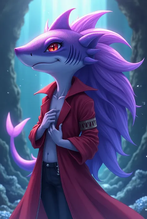 Violet Anime shark with purple hair eyes Red long shirt in blue 