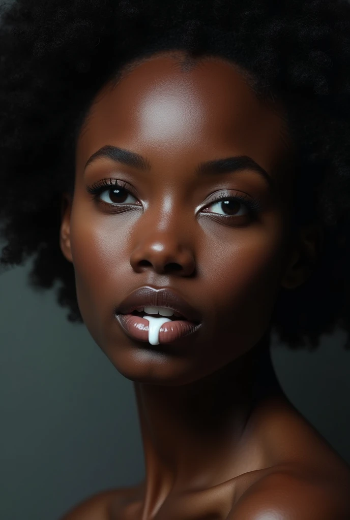 black woman, face, white liquid near the mouth.