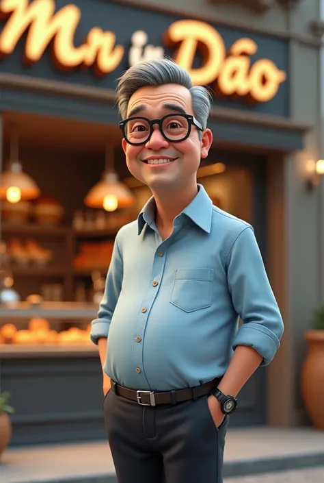 
"Create a highly realistic 3D full-body illustration of Mr. Pão, the proud owner of a bakery called Mr. Pão. The character is a man around 65-70 years old with a slight belly that adds a touch of warmth to his appearance. He has a slender build, with a su...