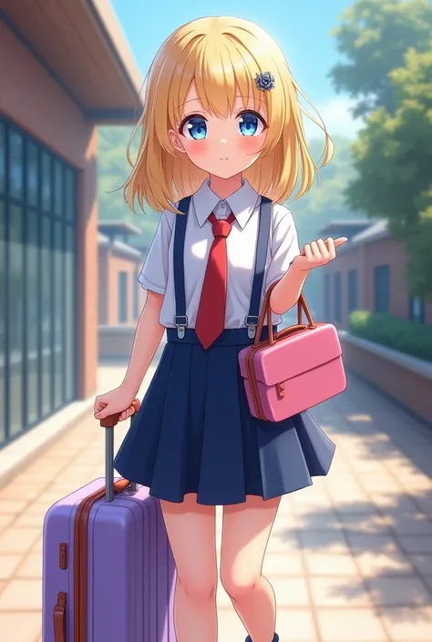 beautiful   blonde blue eyes at school with her uniform lilac suitcase pink lunch box black shoes blue skirt white blouse with suspenders and red tie