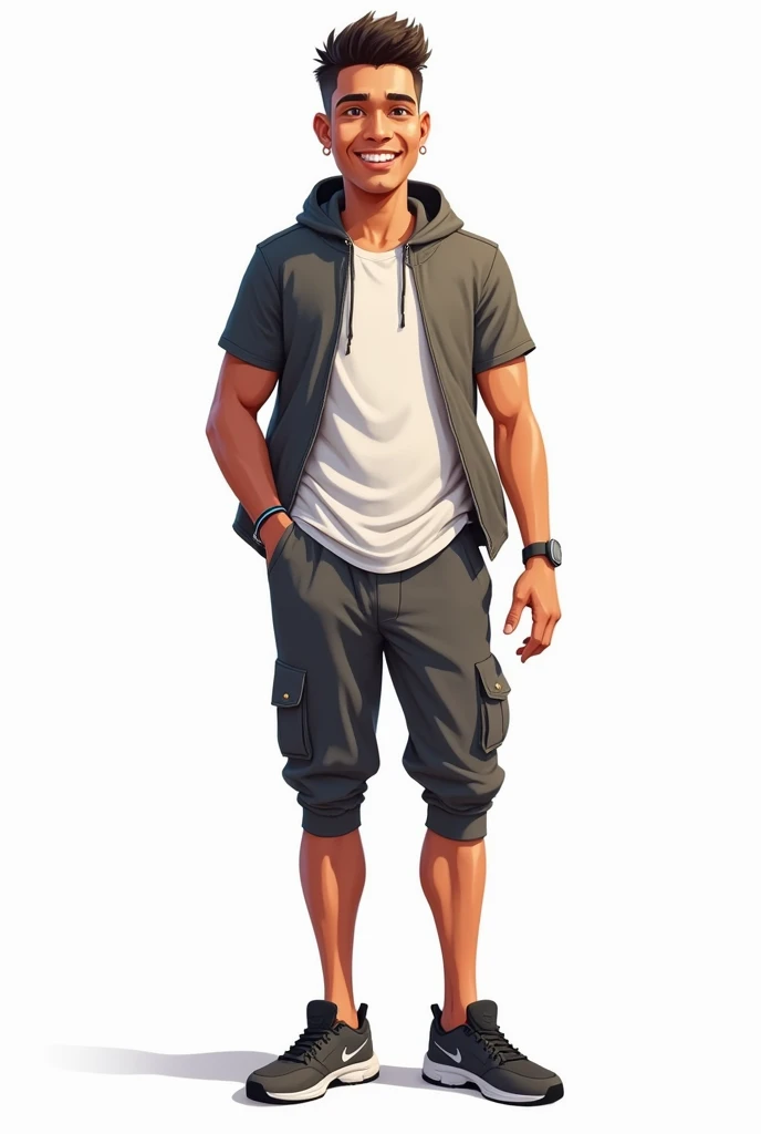 illustration , عمر is an athletic young man with a toned physique that reflects his active lifestyle. His hair is very short, almost shaved, complementing his sharp features and giving him a clean, energetic appearance. His skin has a healthy tan from spen...