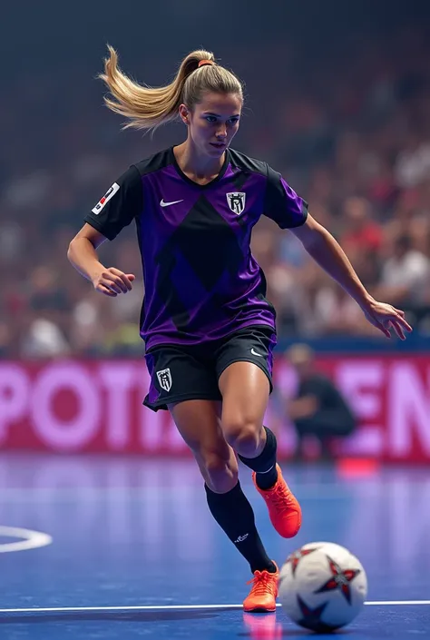  Womens futsal player, black and purple uniform  