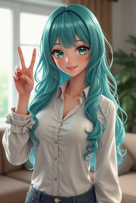 masterpiece,  anatomically correct ,  best quality ,  super detailed,  high resolution , 1 young woman, grey hair, multicolored hair, Light blue hair, shiny hair,  extremely long hair,  big boobs, green eyes, smile, White mens shirt ,  branches the peace s...