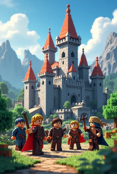 " A detailed scene from a medieval Minecraft world called FORGE CRAFT .  The environment is composed of buildings and landscapes inspired by the Middle Ages , with stone castles ,  walls and villages built with classic Minecraft blocks . in the image,  fiv...