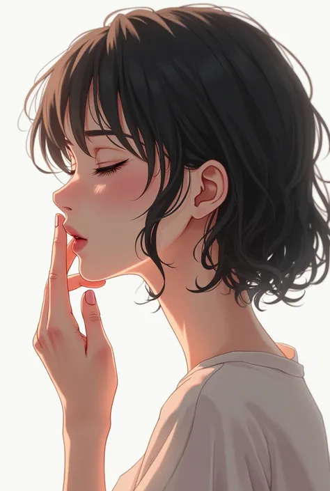 anime, One with her eyes closed wearing a , She lightly touches her lips with desire and shame totally white background