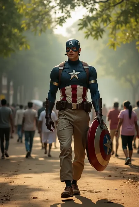 "Captain America (Steve Rogers) in Dadar, Mumbai, walking through Shivaji Park at dawn, surrounded by locals exercising and having morning chai. Steve is dressed in simple, practical clothing and sports a humble yet friendly expression, embracing the local...