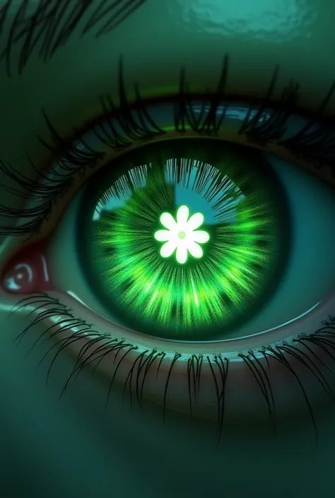 An eye-power  ,  green eyes with a white clover in the middle 