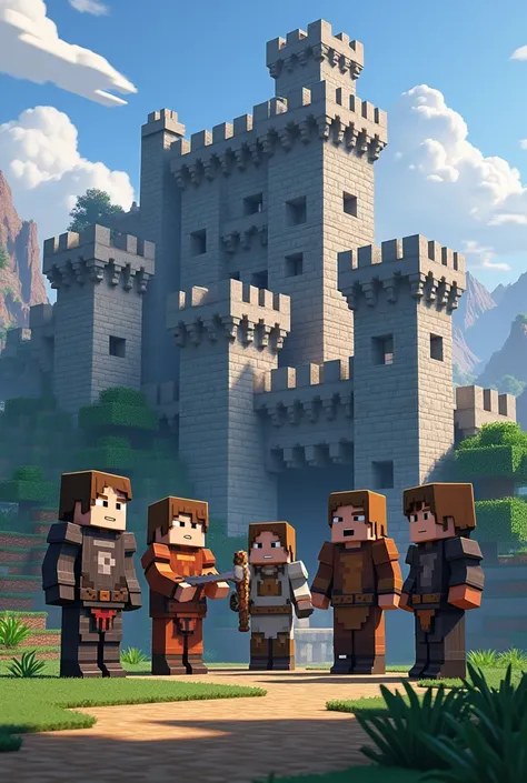 " A detailed scene from a medieval Minecraft world called FORGE CRAFT . O cenário é repleto de construções e paisagens medievais feitas com blocks do Minecraft,  including stone castles and walls . in the image,  five Minecraft building characters ,  with ...