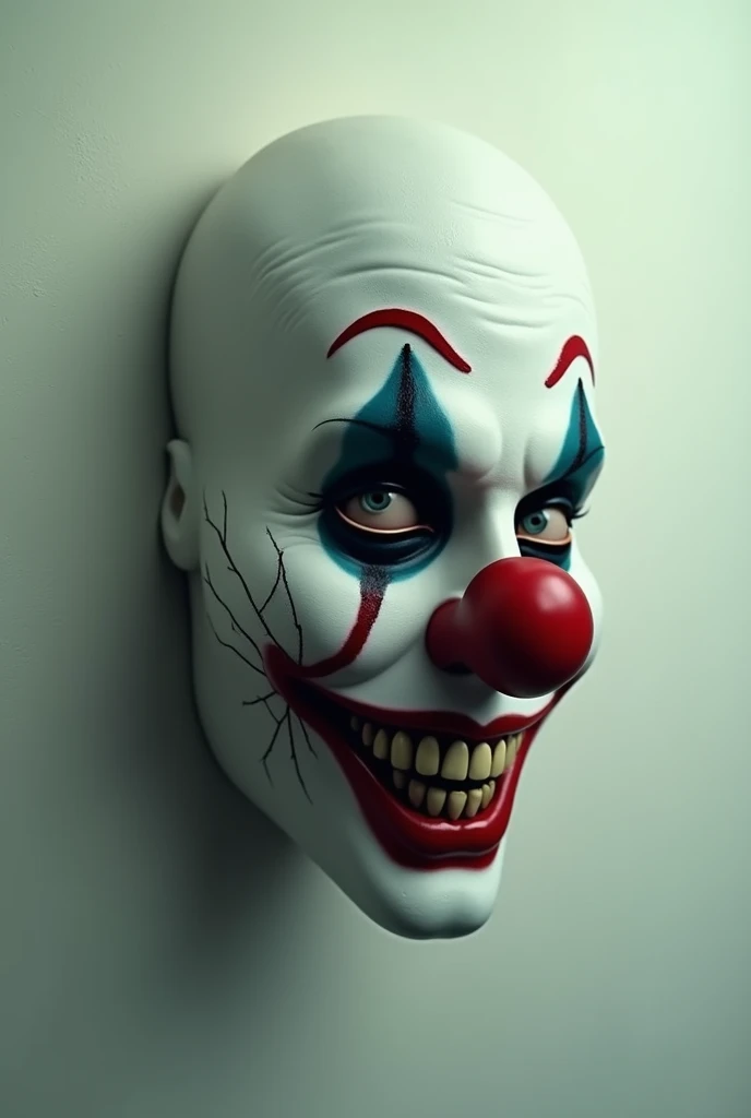 clown face looking with a scar stitched on the cheek looking slightly to the right with a lighter background