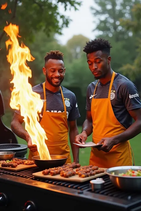 Create a super realistic image of Neymar and Kylian Mbappé in their football jerseys with aprons, competing in a BBQ cook-off. Neymar is flambéing his dish with a huge flame while Mbappé is reading a BBQ manual, looking confused. The setting should be a ba...