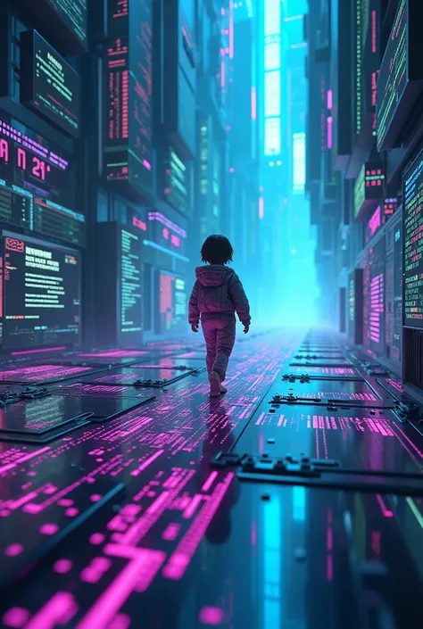  3D image of a futuristic digital environment ,  textures highly detailed and visual style inspired by next-generation .  The setting must include elements such as brilliant circuits , floating codes ,  and website interfaces in a stylized and immersive wa...