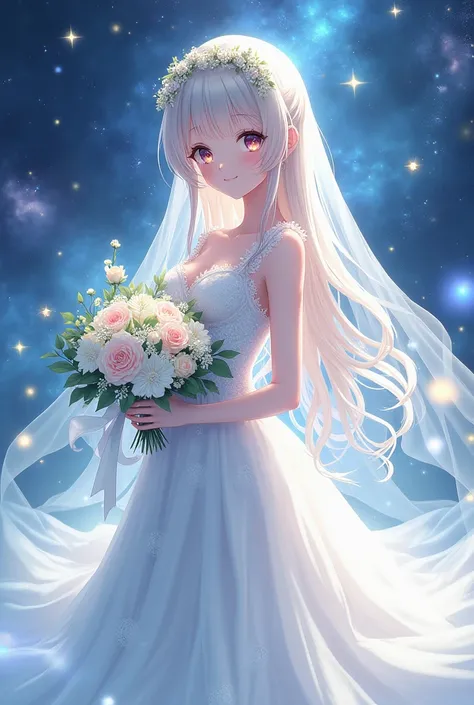  Anime girl in a wedding dress with a veil and flowers, cute anime waifu in a beautiful dress,  Anime girl with space hair , best anime 4k konachan wallpaper, nightcore, Beautiful heavenly sorceress , anime style 4k,  portrait style anime astronaut girl , ...