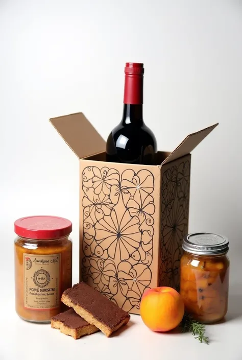 Decorated cardboard box , Inside it dark wine ,  Christmas cookie box ,  Jar of peaches in syrup and jar from Arequipe White background