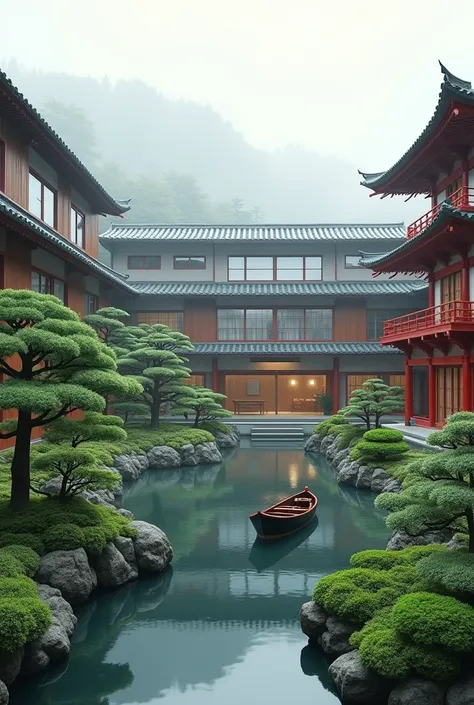 You can make an architectural concept of a multi-family building in plan view, beautiful Japanese zen garden and temple. bonzai trees, red japanese pagoda, misty. with a Japanese boat in the creek. 16k