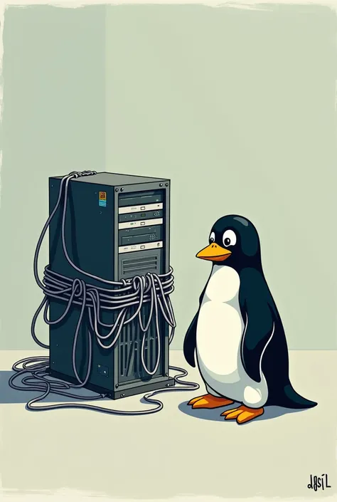 Create an avatar of a Linux Pinguin monitoring a Windows server tied up by wires so as not to fall