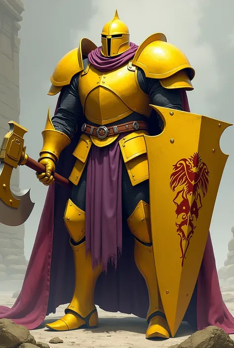  A knight in yellow armor with three large sharp shoulder pads,  with a large golden battle ax , wearing a purple , inside a red raincoat, With shield, which depicts an animal ,  bib depicting an animal