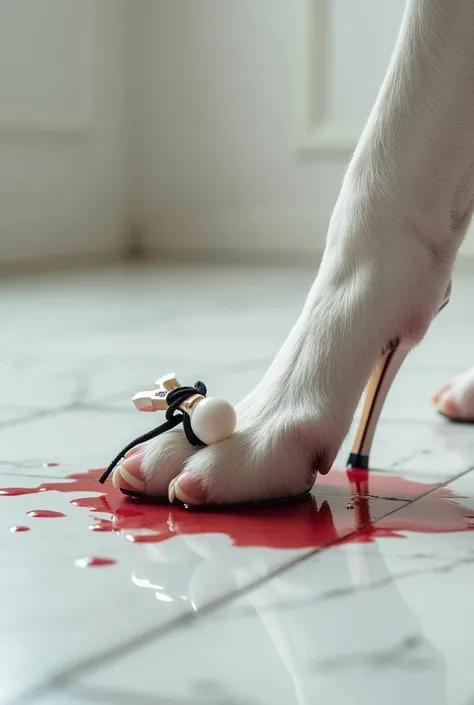 close up photograph of a white hairy pitbull paw in  white satin high heel shoe with black lace, with a small wood crucifix, in a extrawhite marble room, stepping in glossy blood on the floor 