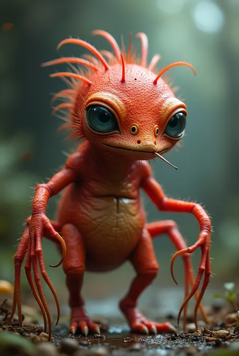 a cute alien that’s hairy, wide, 8 legs, 8 eyes, long nose, 4 antennas, red skin, 12 fingers and no tail