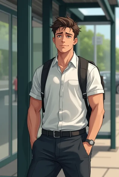 A young man, Athletic man 24 years old  ,  wearing a white short sleeve dress shirt ,  black dress pants and a backpack on the back at the bus stop. light dark brown hair.  male male . tired. cold look., Half a smile 