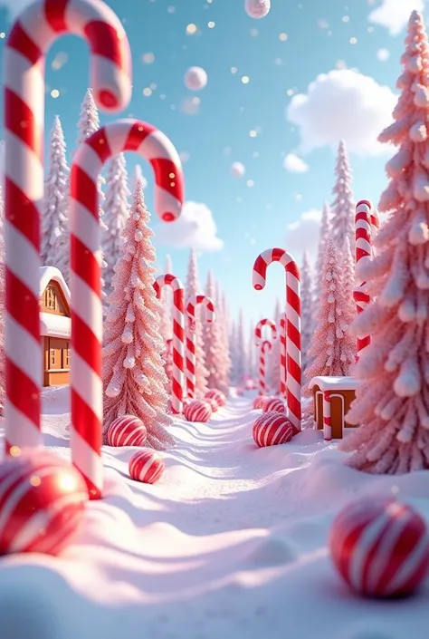 ultra high resolution,  Magic world of candies,  colors red and white , candy canes ,  Christmas decorations ,  3d design illustration 