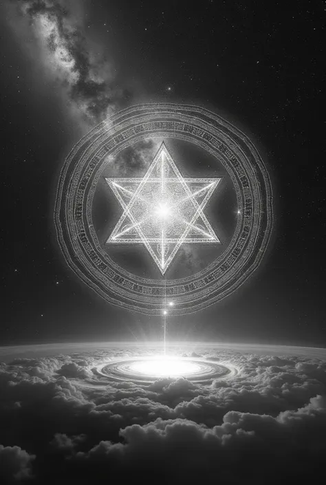 Create a Cosmic Hologram of Sri Yantra fused with the symbol of Freemasonry, that is in monochrome tones on a cosmic background  
