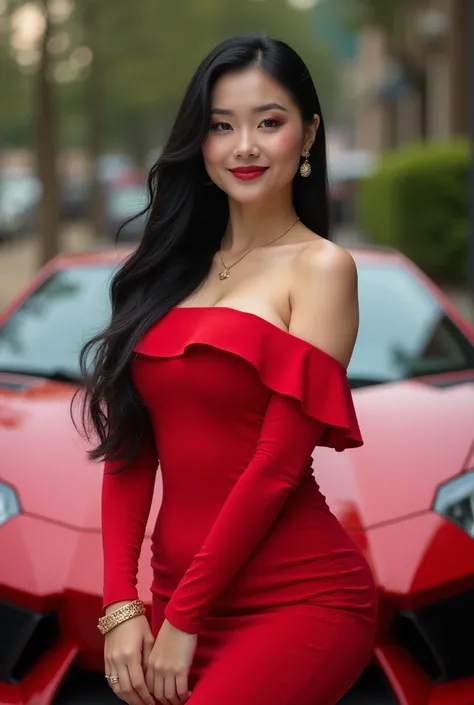 A full image of beautiful Asian woman, chubby but sexy ,white soft skin, smiled, long black straight hair , wearing red offshoulder elegant fitted dress,red highhells, with gold accessories,,model standing in front of red car background, high standard imag...