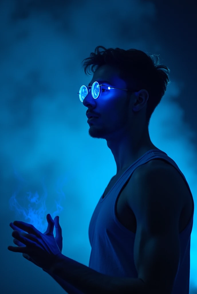 A young magician, 30 years old, with round glasses with bright blue lenses, thin, muscular body, on the stage giving a lecture, next to him there is a blue energy coming out, wearing a tank top close to his blue muscular body, big pumped arms, blue tank to...