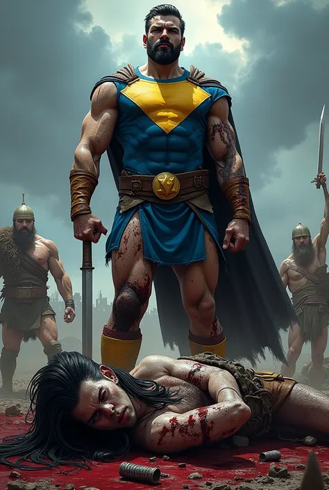 {
  "prompt": "A dramatic and realistic scene showing Invincible, the superhero from Robert Kirkmans series, after a brutal battle. Invincible is depicted with black hair and a beard, wearing his iconic blue and yellow superhero costume, which is torn and ...