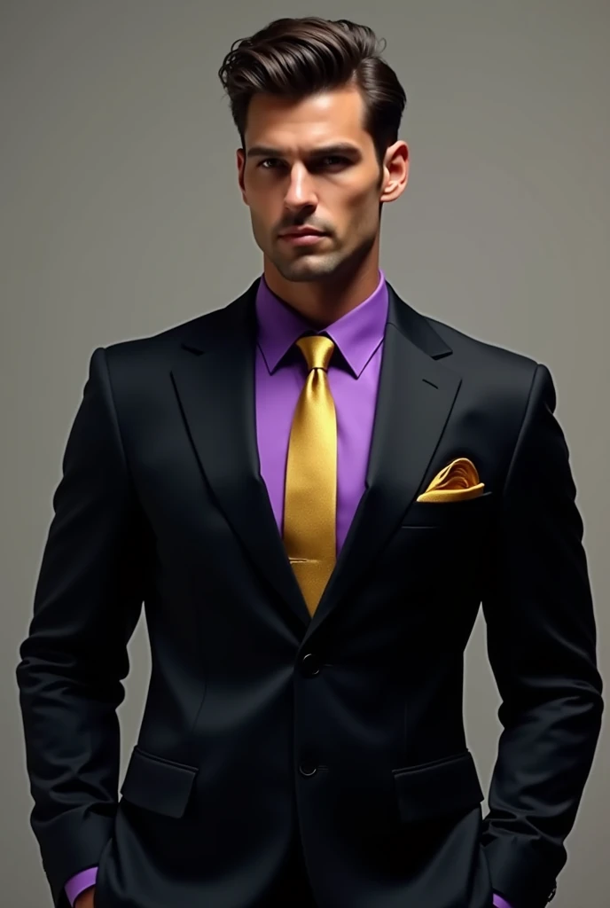 A man in black suit with purple shirt and gold tie 