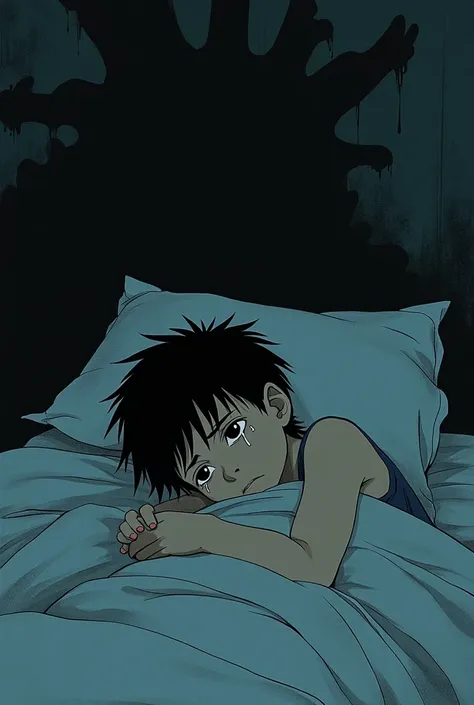  style create an image of a boy who is unsure of himself, sad, Crying lying in bed at night Junji Ito style