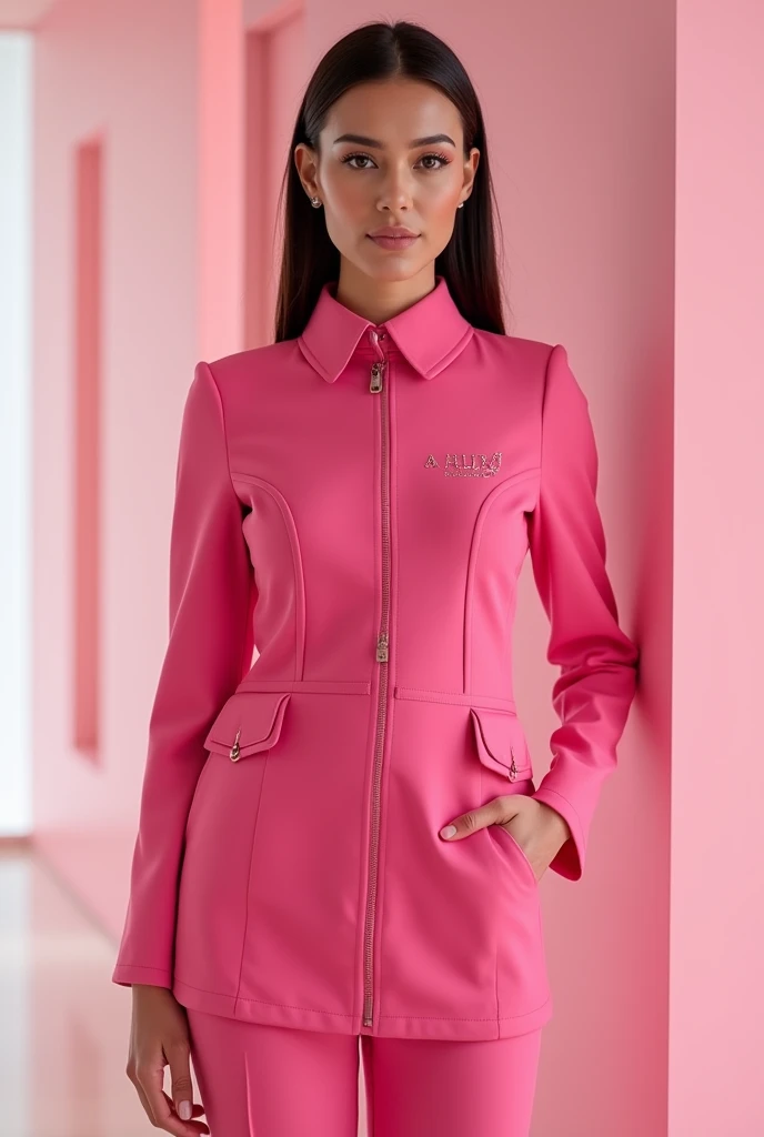 Create a pink womens uniform with the brand name Aura Beauty